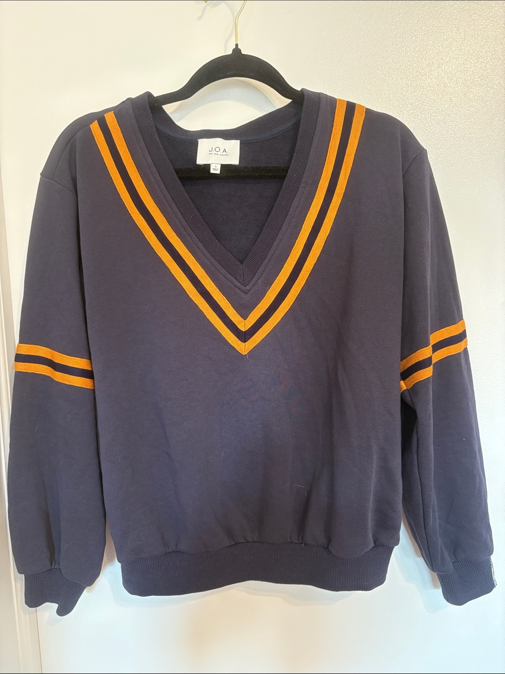 J.O.A. Women's Navy V-Neck Sweatshirt with Gold Stripe Detail